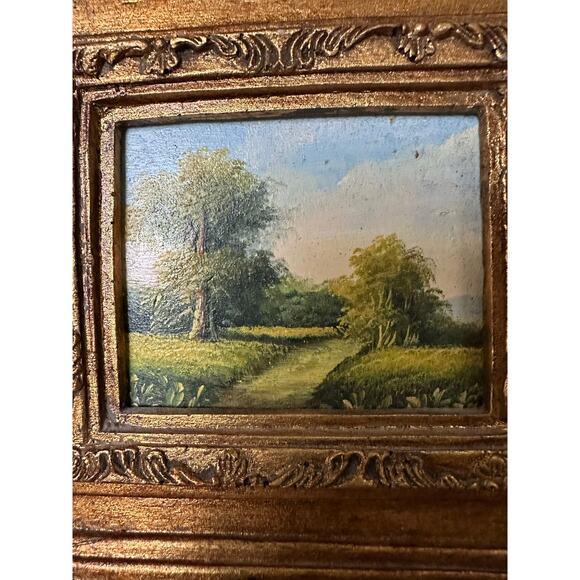2 Vintage Miniature Framed Oil Paintings Landscape 10x9” gold ornate frame set - Picture 5 of 12